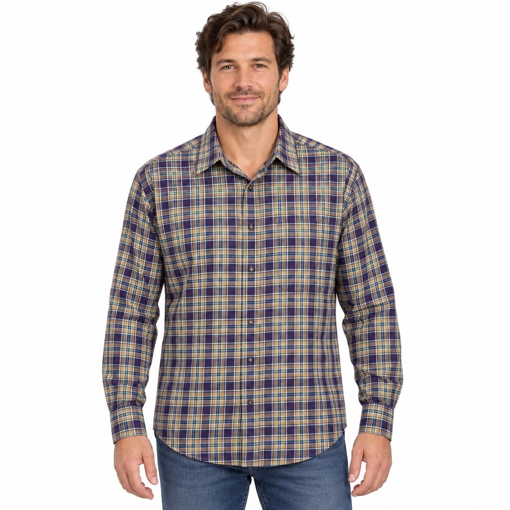 Jos A Bank Mens XL Navy Beige Green Plaid Travelers Collection Cotton Shirt Work